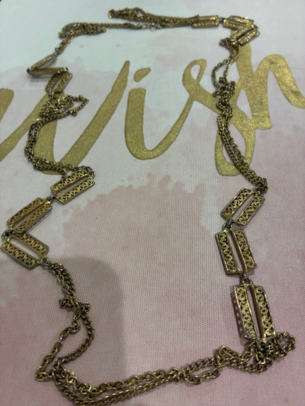 Gold Filigree Rectangle Link Long Necklace
